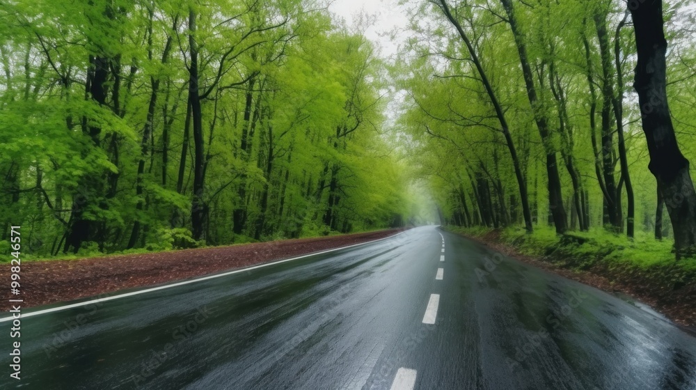 Obraz premium Rainy Road through Lush Green Forest