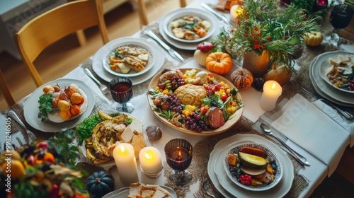 Halloween-themed family dinner, spooky table decorations, candles flickering, parents and kids dressed in matching costumes, festive atmosphere