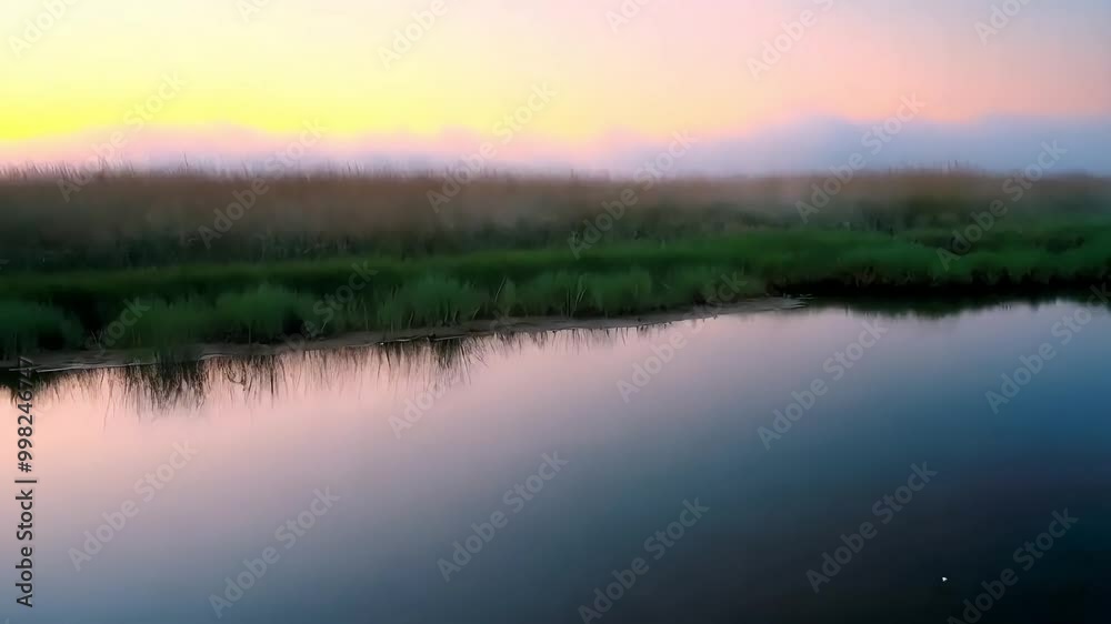 sunrise over the lake , Small river running through foggy marshland at dawn, Foggy dawn over small river in marshland sunrise over the lake , Small river running through foggy marshland at dawn, Foggy dawn over small river in marshland