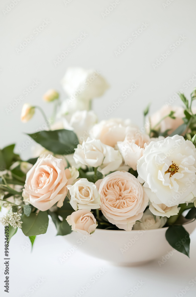 Obraz premium Beautiful bouquet of delicate pink garden roses in a round vase on the table