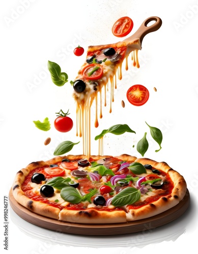 Delicious pizza with flying ingredients on white background
 photo