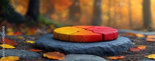 Colorful autumn stone decoration on the ground, surrounded by leaves and a blurred forest background, captures seasonal beauty. photo