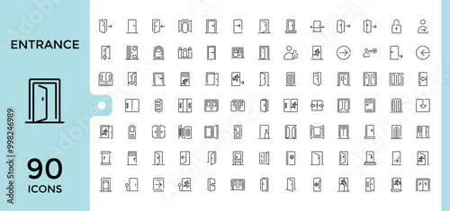 Entrance line icon collection, Open door, Building entry, Emergency exit. Closed doorway, Doorframe and more outline icons set. editable stroke and pixel perfect.
