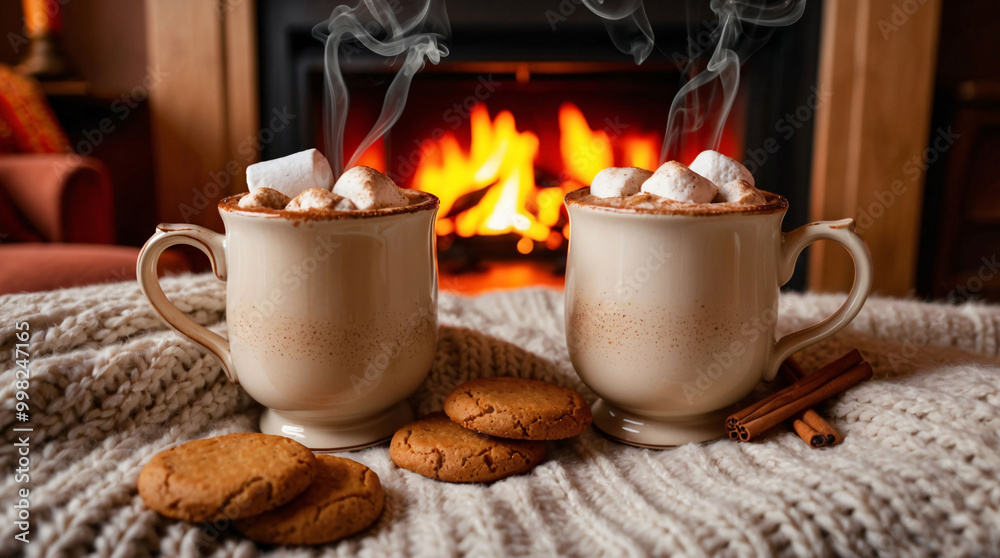 Two mugs with hot cocoa drink with marshmallows and cinnamon on knitted blanket near a fireplace. Cozy relax at home with cocoa, hygge concept Two mugs with hot cocoa drink with marshmallows and cinnamon on knitted blanket near a fireplace. Cozy relax at home with cocoa, hygge concept