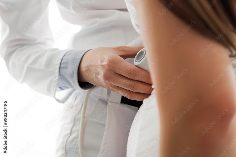 A woman wearing a white lab coat holds a cell phone, suitable for healthcare or scientific use A woman wearing a white lab coat holds a cell phone, suitable for healthcare or scientific use