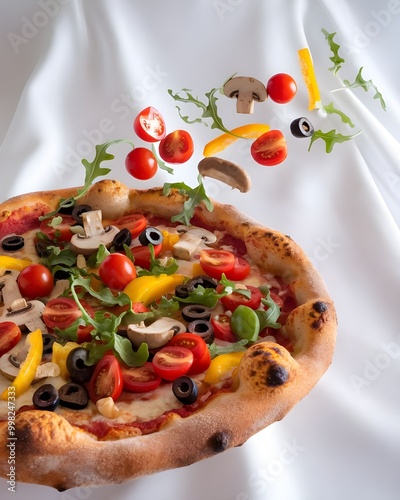 Delicious pizza with flying ingredients on white background
 photo