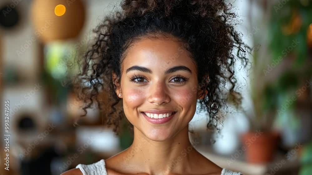 A young woman with curly hair beams with a bright smile in a charming indoor space decorated with greenery and warm lighting. A young woman with curly hair beams with a bright smile in a charming indoor space decorated with greenery and warm lighting.