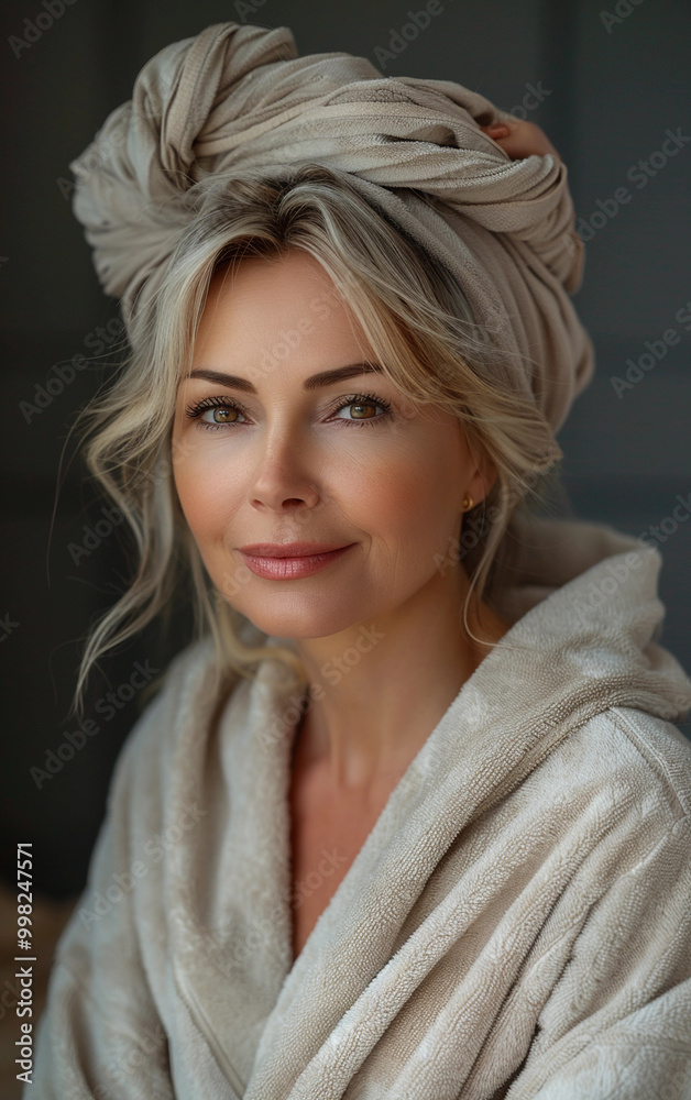 A woman with long blonde hair is wearing a white robe and a scarf. She is smiling and looking at the camera A woman with long blonde hair is wearing a white robe and a scarf. She is smiling and looking at the camera