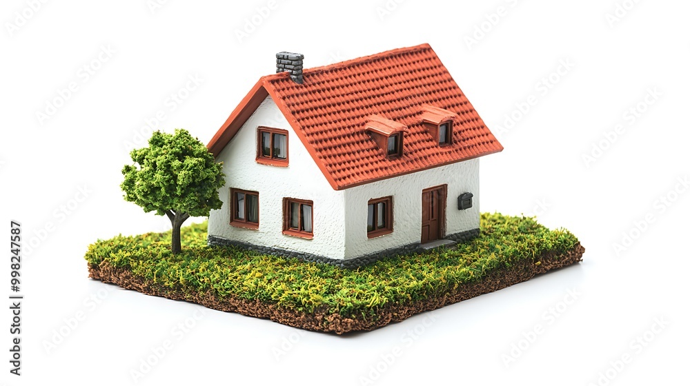 Model house with garden and tree on a white background. Model house with garden and tree on a white background.