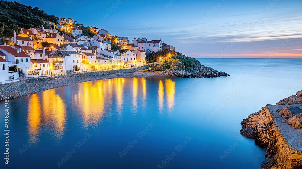 Obraz premium Blue hour sky over a quiet coastal village, perfect for capturing the charm and tranquility of seaside living in real estate ads.