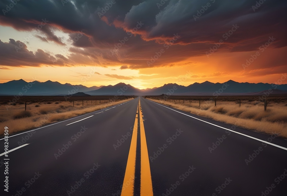 Naklejka premium Empty asphalt road with white lane markings, surrounded by a dramatic sky with orange and yellow sunset colors, and distant mountains in the background