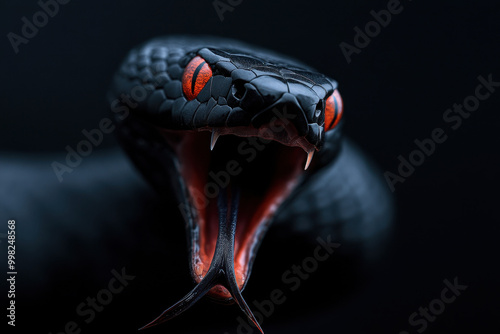 Close-up of a black viper with dramatic red eyes and mouth photo