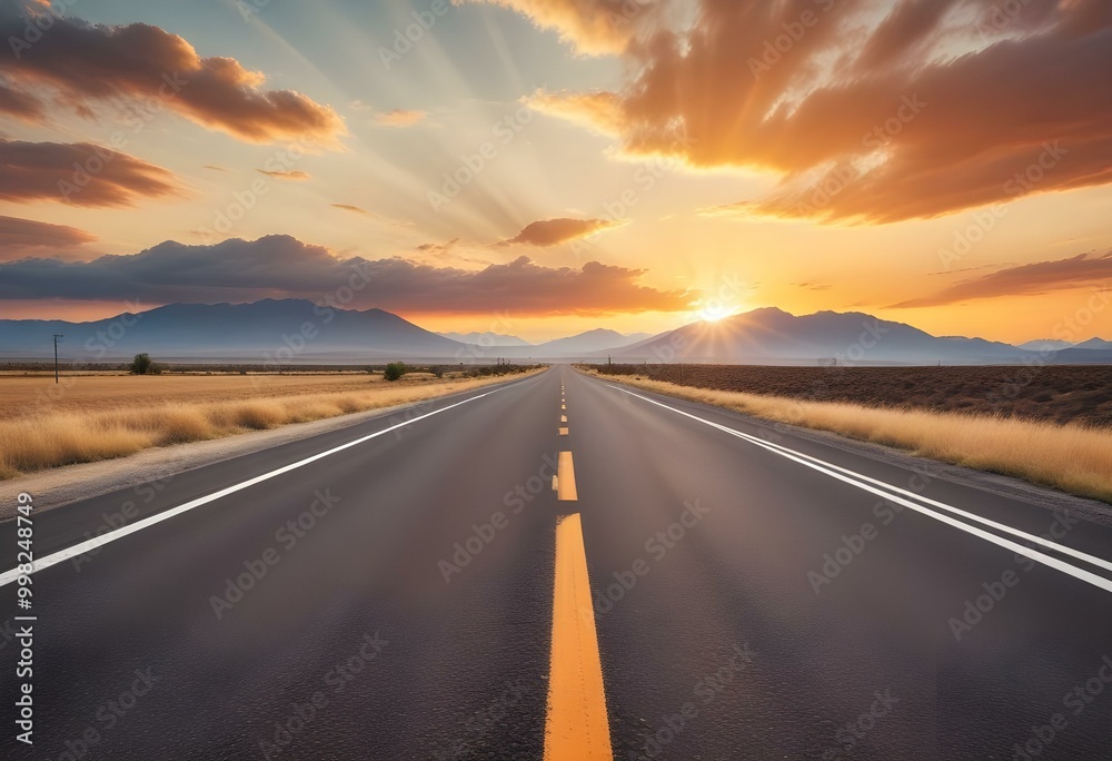 Fototapeta premium Empty asphalt road with white lane markings, surrounded by a dramatic sky with orange and yellow sunset colors, and distant mountains in the background