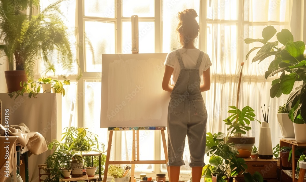 female artist painting in peaceful studio filled with greenery plants and sunlight, woman surrounded by creative tools, person enjoying artistic process in serene atmosphere female artist painting in peaceful studio filled with greenery plants and sunlight, woman surrounded by creative tools, person enjoying artistic process in serene atmosphere
