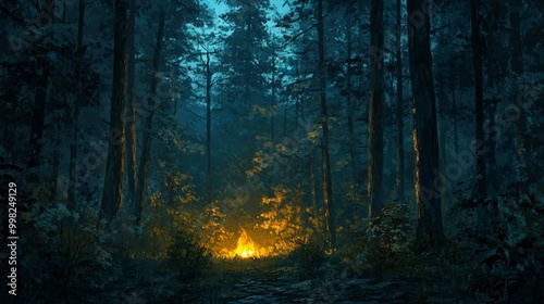 A bright campfire glows in the center of a dark forest.