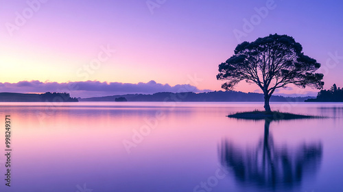 a tree is in the middle of a lake with mountains in the background