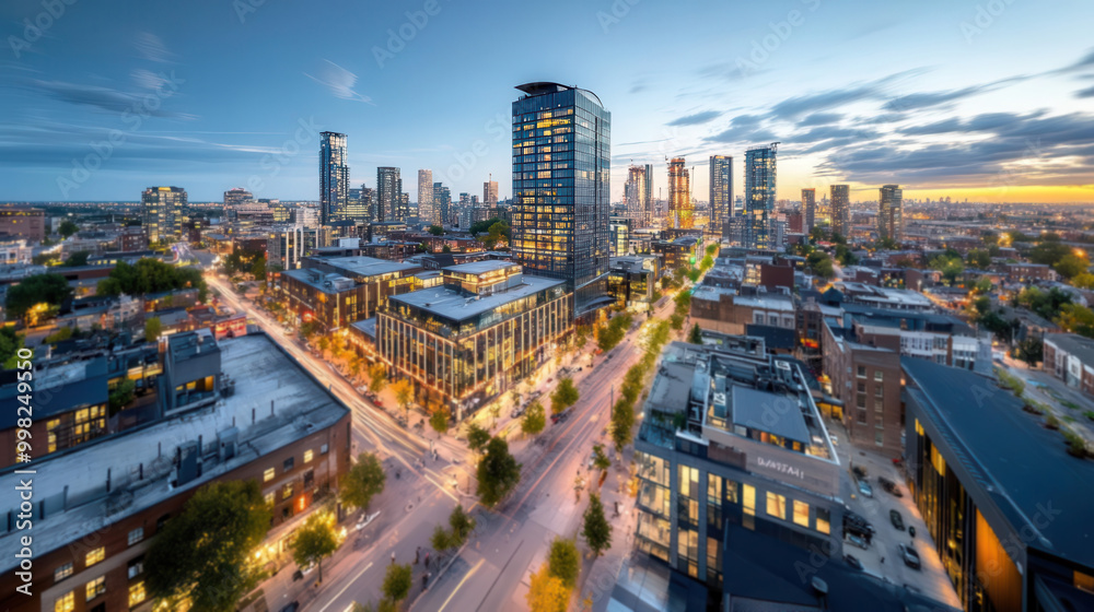 Fototapeta premium Blue hour sky with city lights starting to twinkle, perfect for capturing the calm and serene transition from day to night in urban settings.