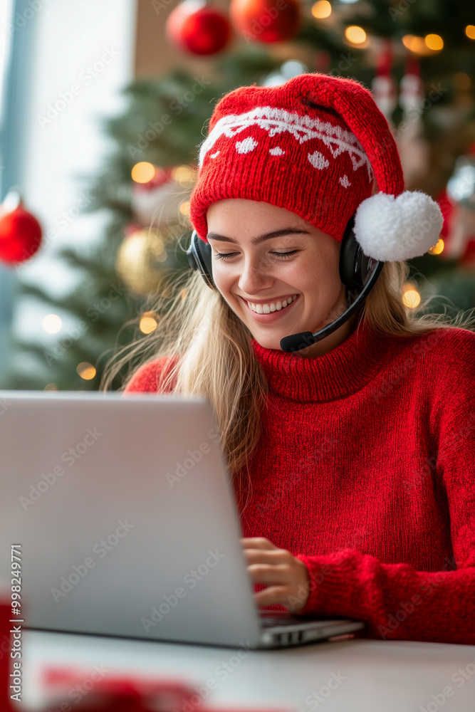 A woman in a red sweater and a red hat is smiling while using a laptop A woman in a red sweater and a red hat is smiling while using a laptop