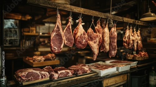 A rustic butcher shop showcasing various cuts of meat hanging from hooks, highlighting the craftsmanship and tradition behind butchery and meat preparation.