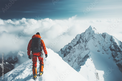 Portrait of mountain conqueror on the peak of the mountain, Man with backpacker on the top of the world, Selective focus man on the snow mountain with the sea of fog view.