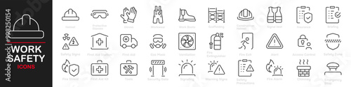 Set of 30 outline icons related to work safety. This outline icon set includes protection, emergency, first aid, evacuation, fire, danger warnings, and more. Editable stroke. Vector illustration