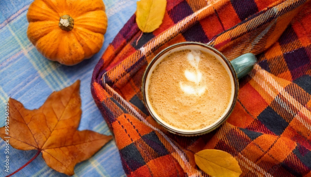 Pumpkin spice latte on a plaid scarf with leaves.