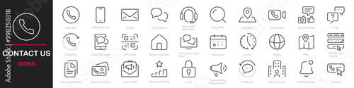 Set of 30 outline icons related to 'Contact Us.' This outline icon set includes phone, email, chat bubble, address, support, message, website, call-us, and more. Editable stroke. Vector illustration