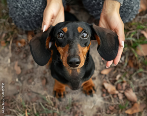 adorable black and tan dachshund puppy looking up with floppy ears held by woman hands in outdoor autumn setting with scattered leaves on the ground. photo