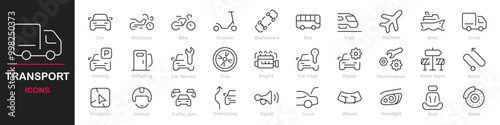 Set of 30 outline icons related to transport. This outline icon set includes car, bicycle, bus, train, airplane, ship, vehicle and delivery elements and more. Editable stroke. Vector illustration