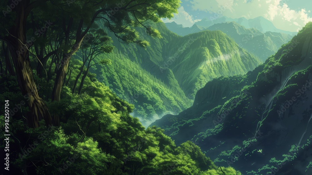 Lush green mountain valley with fog and waterfalls in a picturesque landscape. Lush green mountain valley with fog and waterfalls in a picturesque landscape.