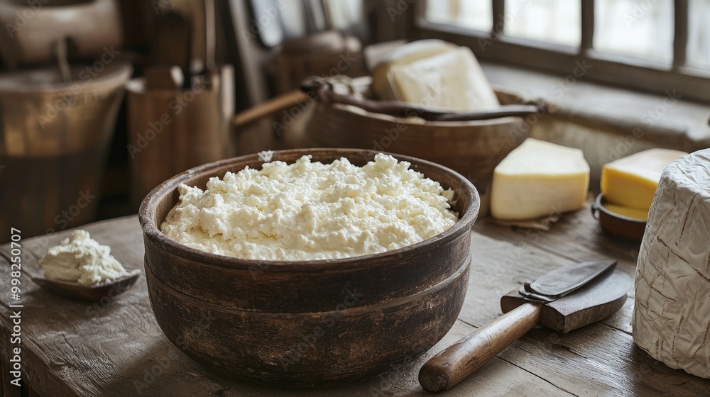 A rustic wooden table scene showcasing a cheese-making process, with curds forming in a pot and traditional cheese-making tools nearby, highlighting artisanal craftsmanship.