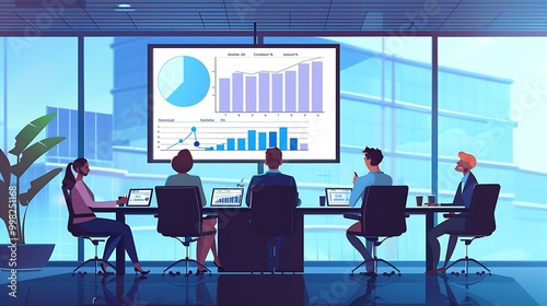 A conference room scene with a projector displaying charts, profit data, and research findings to a team of executives discussing business strategy.
