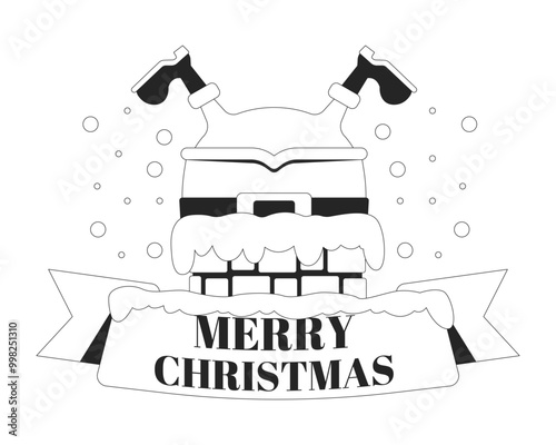 Stuck Santa upside down chimney greeting Merry Christmas black and white 2D illustration concept. Humorous santaclaus greetingcard outline postcard isolated. Funny Xmas metaphor monochrome vector art
