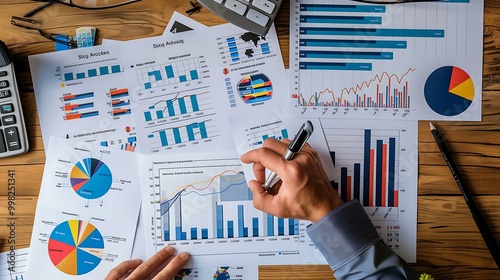 A financial analyst reviewing data with various stock performance charts, graphs, and investment reports spread across a desk in an office environment.