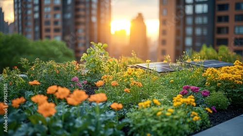 A lush rooftop garden with vibrant flowers and a solar panel in the background, bathed in the warm glow of the setting sun.