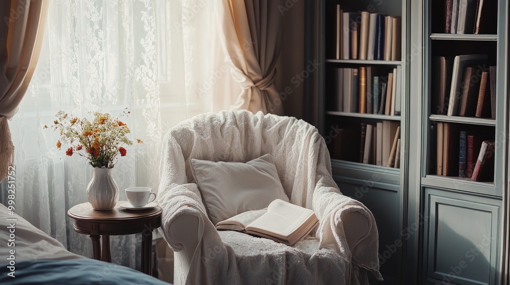 A serene bedroom corner with a cozy armchair, a small bookshelf, and a side table with a cup of tea, perfect for reading and unwinding after a long day. A serene bedroom corner with a cozy armchair, a small bookshelf, and a side table with a cup of tea, perfect for reading and unwinding after a long day.