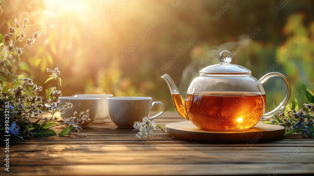 A serene image of a pot filled with herbal tea steeping on a wooden table, accompanied by cups and a teapot, promoting relaxation and wellness.