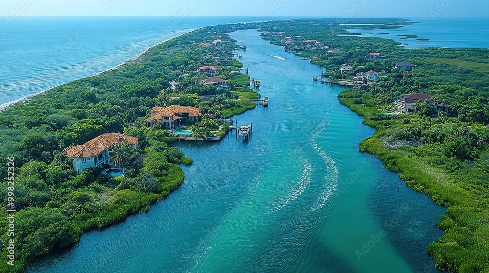 Fototapeta premium Aerial View of Cedar Key, Florida Highlighting Coastal Landscape and Serene Waterscape Features