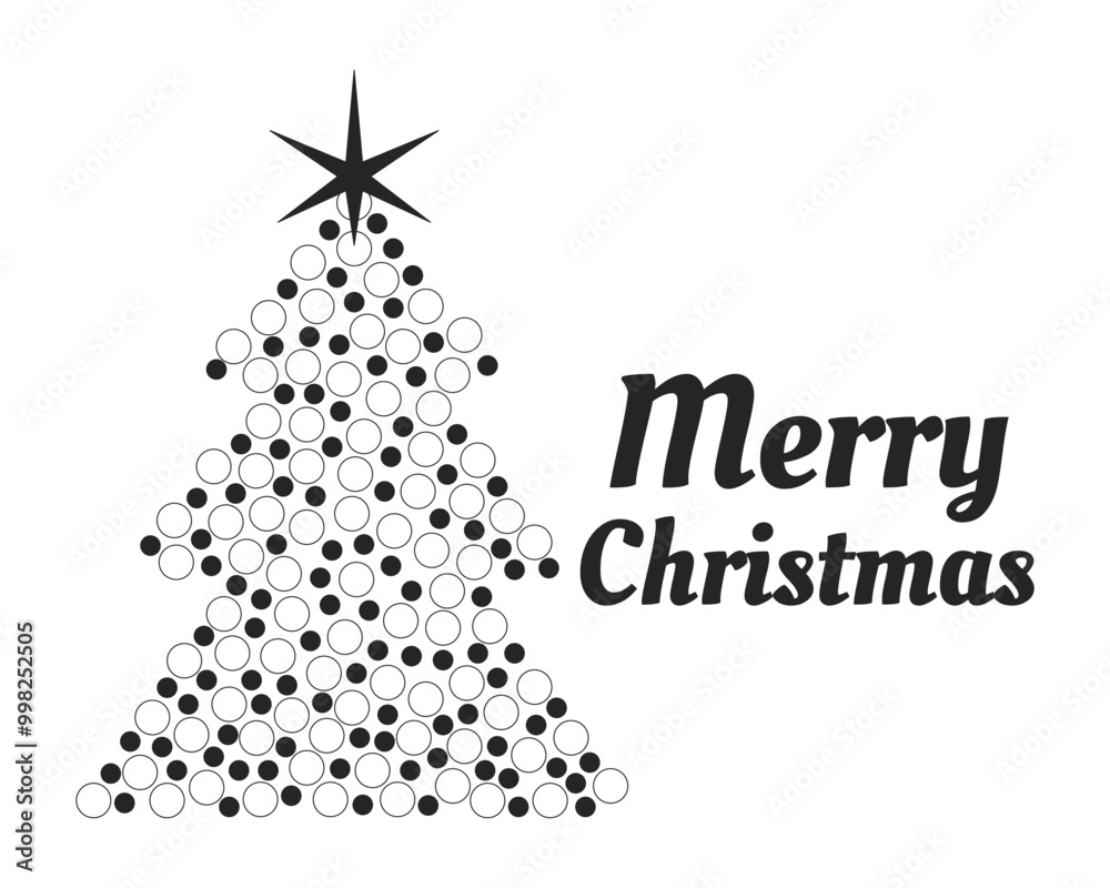 Xmas tree baubles with Merry Christmas greeting black and white 2D illustration concept. Festive ornaments fir tree with star outline postcard isolated. Christmastime metaphor monochrome vector art