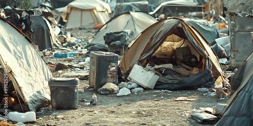 Upended tents and scattered belongings of a displaced community. photo