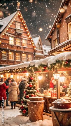 Christmas Market at Night with Festive Lights and Snowfall