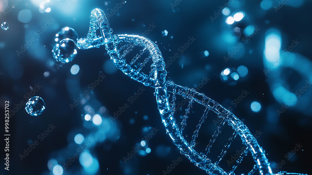 Beautiful representation of a blue DNA double helix structure with bubbles in a scientific backdrop Beautiful representation of a blue DNA double helix structure with bubbles in a scientific backdrop