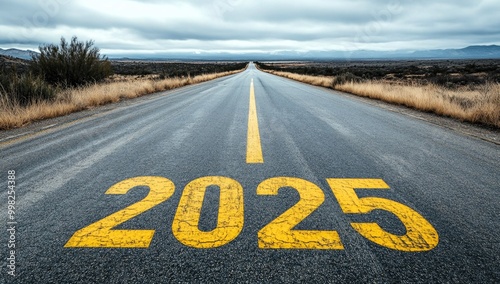 New year 2025 straightforward for environmental sustainability concept. Text 2025, save the world, leaf icon on the road in the middle of asphalt road at sunset. Ecological balance, sustainability.