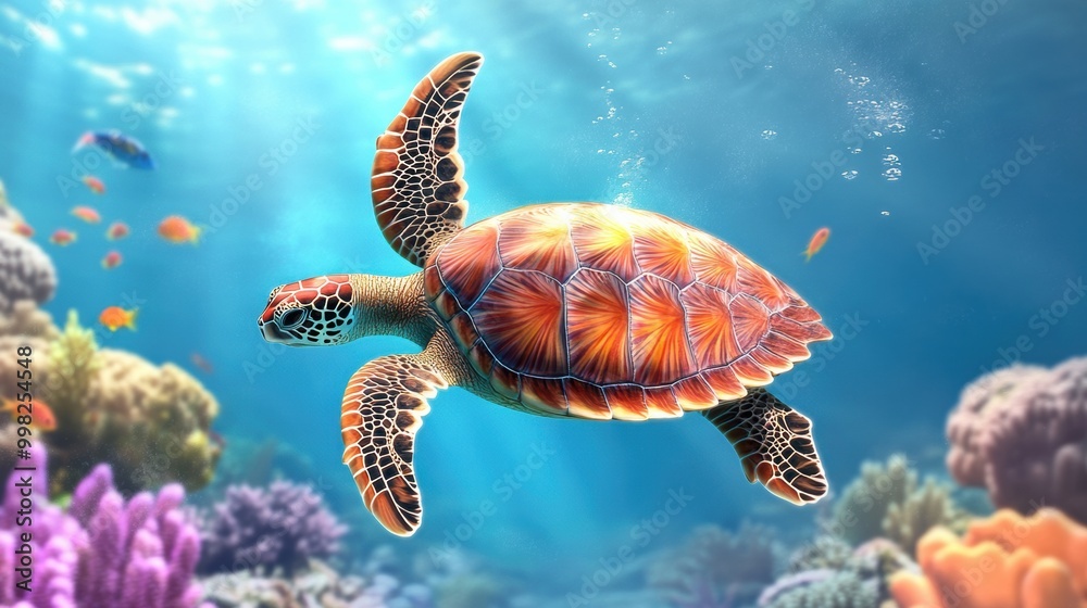 Fototapeta premium Colorful Sea Turtle Swimming in Vibrant Coral Reef