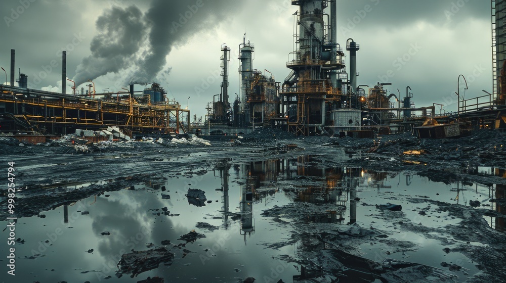 Abandoned Industrial Site Reflecting in Puddle with Overcast Sky Abandoned Industrial Site Reflecting in Puddle with Overcast Sky