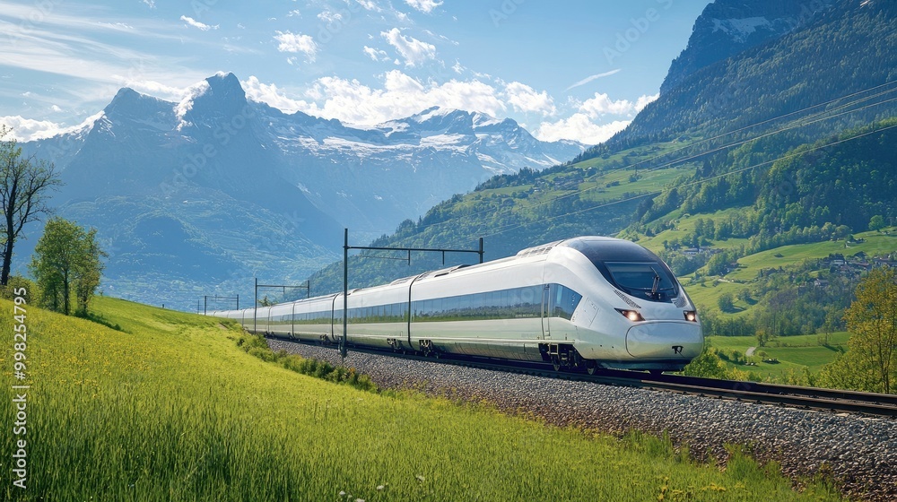 Fototapeta premium A sleek high-speed train gliding along a scenic landscape, with mountains in the background and green fields, showcasing the beauty of modern rail travel.