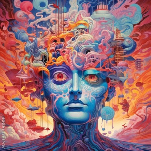 A surreal depiction of a human head with vibrant, swirling thoughts.