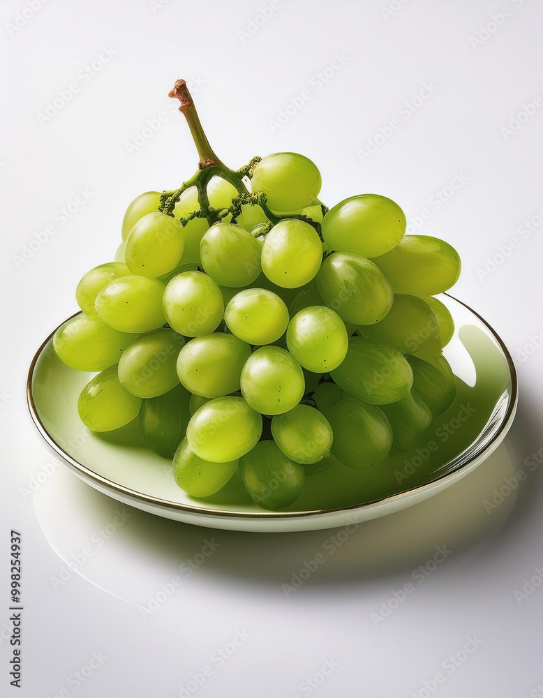 A plate of shiny green grapes on a clean white background A plate of shiny green grapes on a clean white background