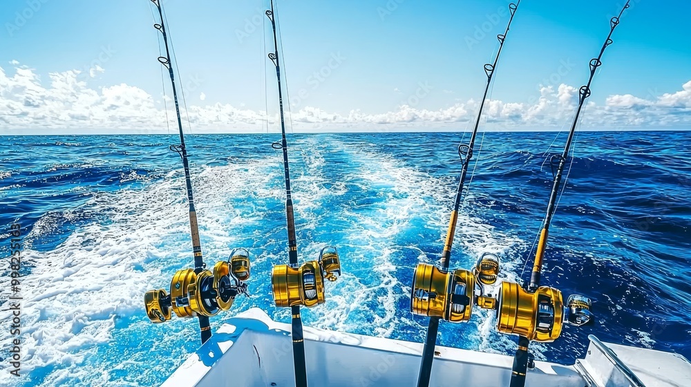 Four fishing rods with golden reels ready for action on a boat against a vast blue sea and clear sky, depicting an ideal setting for deep-sea fishing.