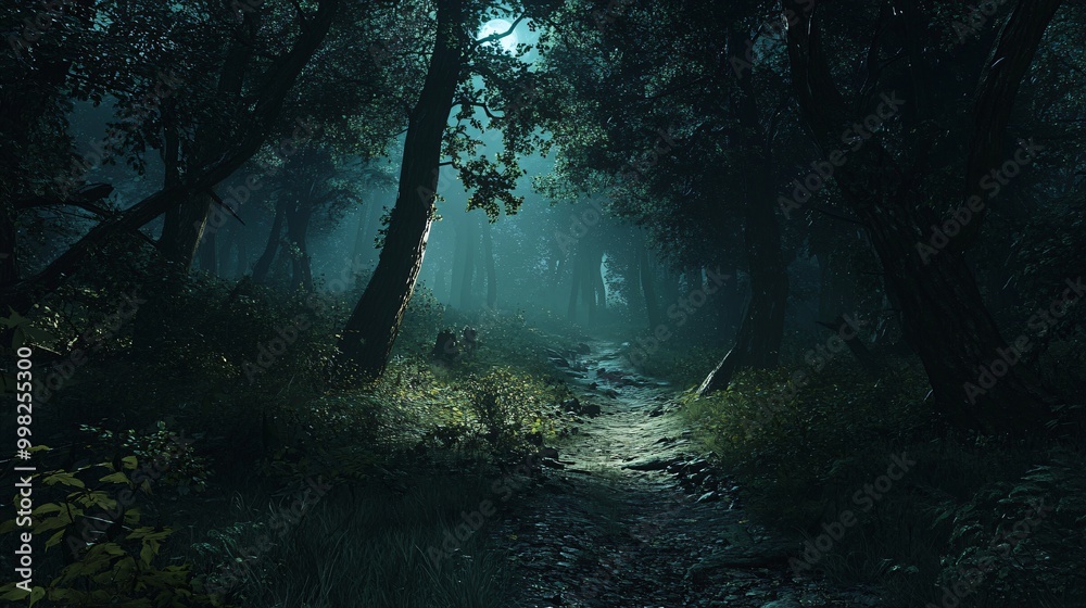 Fototapeta premium A dark and mysterious forest path lit by the moon.